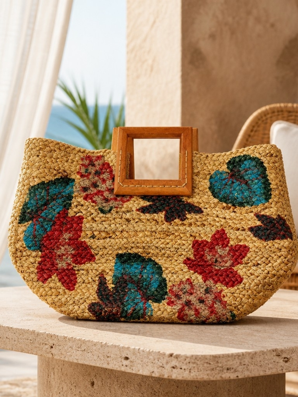 Antik Kraft Floral Straw Rafia Tote Bag Wooden Handles Lg Boho